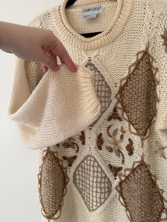 Vintage 90s Sz Lg Cottagecore Grandma Knit Chunky Neutral Sweater Patchwork Tan - Picture 9 of 16